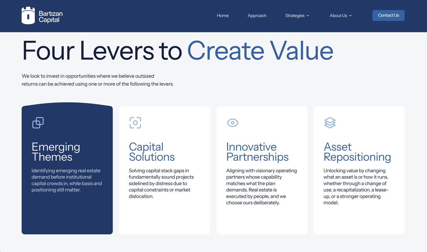 A page from the launched Bartizan Capital website showing the four value-creation levers.